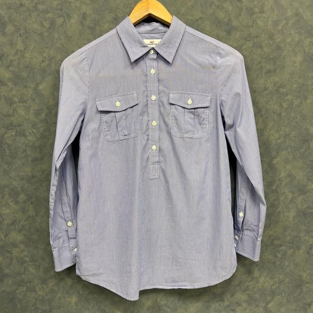 Vineyard Vines Blue Striped Button Down Pop Over Shirt Preppy Casual Cotton Sz 6